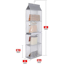 Load image into Gallery viewer, Discover aoolife hanging purse handbag organizer clear hanging shelf bag collection storage holder dust proof closet wardrobe hatstand space saver 4 shelf grey