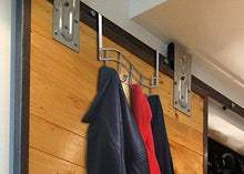 Load image into Gallery viewer, Related over the door rack with hooks 5 hangers for towels coats clothes robes ties hats bathroom closet extra long heavy duty chrome space saver mudroom organizer by kyle matthews designs