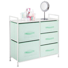 Load image into Gallery viewer, Online shopping mdesign wide dresser storage tower furniture metal frame wood top easy pull fabric bins organizer for kids bedroom hallway entryway closet dorm chevron print 5 drawers mint green white