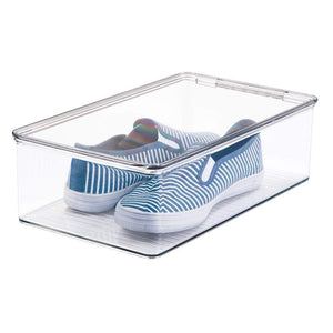 Budget friendly mdesign stackable plastic closet shelf shoe storage organizer box with lid for mens womens kids sandals flats sneakers 8 pack clear