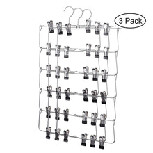 Load image into Gallery viewer, Home 6 tier skirt hangers star fly space saving pants hangers sturdy multi purpose stainless steel pants jeans slack skirt hangers with clips non slip closet storage organizer 3pcs
