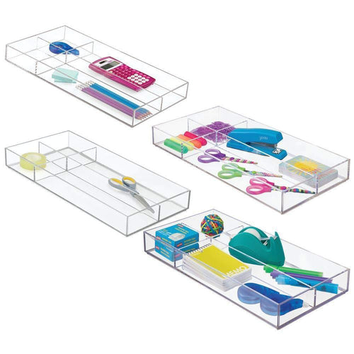 Selection mdesign plastic divided drawer organizer for home office desk drawer shelf closet holds highlighters pens scissors adhesive tape paper clips note pads 4 sections 16 long 4 pack clear