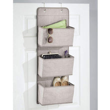 Load image into Gallery viewer, Storage mdesign a568 soft fabric over the door hanging storage organizer with 3 large pockets for closets in bedrooms hallway entryway mudroom hooks included textured print 2 pack linen tan