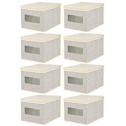 Featured mdesign soft fabric stackable closet storage organizer holder box with clear window attached hinged lid bedroom hallway entryway closet bathroom stripe print large 8 pack natural cobalt blue