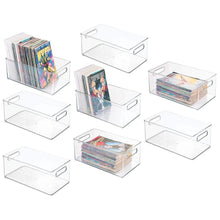 Load image into Gallery viewer, Best mdesign plastic home storage organizer container bin with handles for closets cabinets shelves hold dvds video games head sets controllers comics movies 14 5 long 8 pack clear
