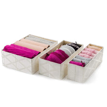 Load image into Gallery viewer, Kitchen foldable closet drawer organizer set of 3 storage containers moisture and dust proof storage baskets beautiful textured fabric sturdy build perfect for home and office galliana