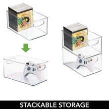 Load image into Gallery viewer, On amazon mdesign plastic stackable household storage organizer container bin box with handles for media consoles closets cabinets holds dvds video games gaming accessories head sets 4 pack clear