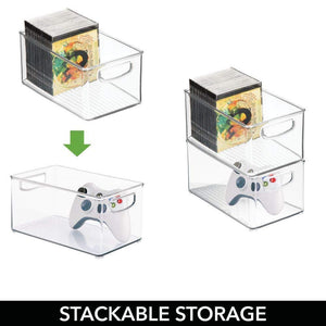 On amazon mdesign plastic stackable household storage organizer container bin box with handles for media consoles closets cabinets holds dvds video games gaming accessories head sets 4 pack clear