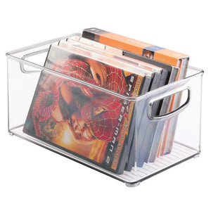 Home mdesign plastic stackable household storage organizer container bin box with handles for media consoles closets cabinets holds dvds video games gaming accessories head sets 4 pack clear