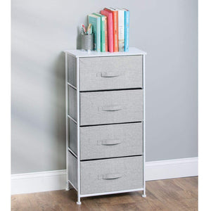 Budget friendly mdesign vertical furniture storage tower sturdy steel frame wood top easy pull fabric bins organizer unit for bedroom hallway entryway closets textured print 4 drawers gray white