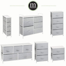 Load image into Gallery viewer, Best mdesign vertical furniture storage tower sturdy steel frame wood top easy pull fabric bins organizer unit for bedroom hallway entryway closets textured print 4 drawers gray white
