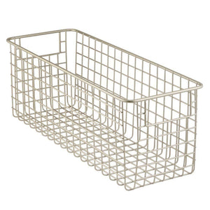 On amazon mdesign farmhouse decor metal wire food storage organizer bin basket with handles for kitchen cabinets pantry bathroom laundry room closets garage 16 x 6 x 6 4 pack satin