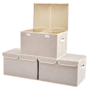 Cheap large storage boxes 3 pack ezoware large linen fabric foldable storage cubes bin box containers with lid and handles for nursery closet kids room toys baby products silver gray