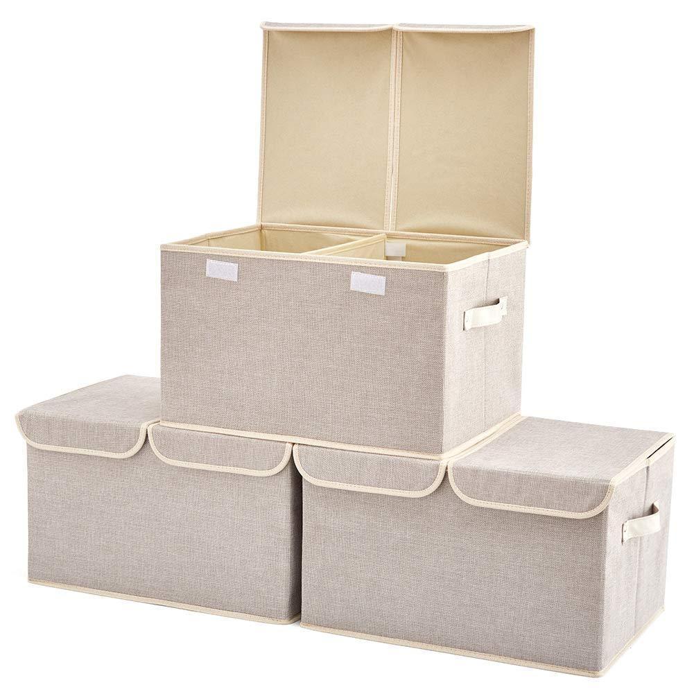 Cheap large storage boxes 3 pack ezoware large linen fabric foldable storage cubes bin box containers with lid and handles for nursery closet kids room toys baby products silver gray