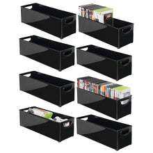 Load image into Gallery viewer, Amazon mdesign plastic stackable household storage organizer container bin with handles for media consoles closets cabinets holds dvds video games gaming accessories head sets 8 pack black