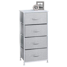 Load image into Gallery viewer, Try mdesign vertical furniture storage tower sturdy steel frame wood top easy pull fabric bins organizer unit for bedroom hallway entryway closets textured print 4 drawers gray white