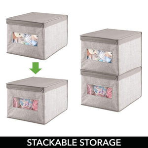 Results mdesign decorative soft stackable fabric closet storage organizer holder box clear window lid for child kids room nursery large collapsible foldable textured print 4 pack linen tan