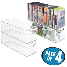 Load image into Gallery viewer, Top rated mdesign plastic stackable household storage organizer container bin with handles for media consoles closets cabinets holds dvds video games gaming accessories head sets 4 pack clear