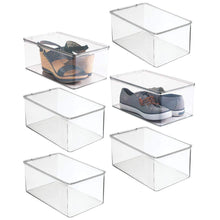 Load image into Gallery viewer, Related mdesign stackable closet plastic storage bin box with lid container for organizing mens and womens shoes booties pumps sandals wedges flats heels and accessories 5 high 6 pack clear