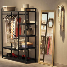 Load image into Gallery viewer, Shop here little tree free standing closet organizer heavy duty closet storage with 6 shelves and handing bar large clothes storage standing garmen rack black