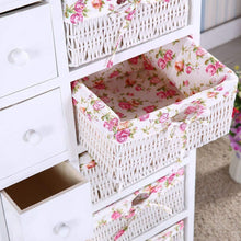 Load image into Gallery viewer, Get durable dresser storage tower 5 drawers with wicker baskets sturdy frame wood top easy pulling organizer unit for bedroom hallway entryway closet white