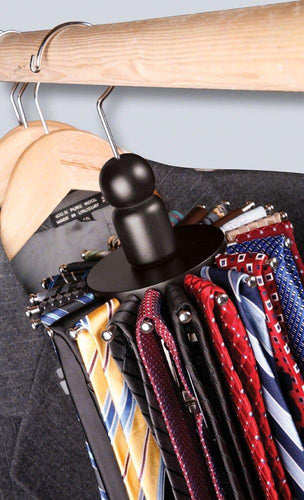 Discover the best launch innovative products neil rotating 8 belt and 24 tie wooden clothes hanger black wood spinning closet organizer for holding ties and belts