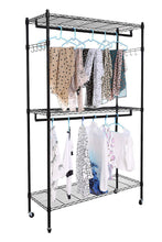 Load image into Gallery viewer, Kitchen modrine double rod garment rack 3 tiers heavy duty hanging closet with lockable rolling wheels 2 side hooks and 2 clothes rods black