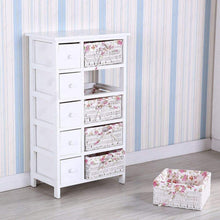 Load image into Gallery viewer, Featured durable dresser storage tower 5 drawers with wicker baskets sturdy frame wood top easy pulling organizer unit for bedroom hallway entryway closet white