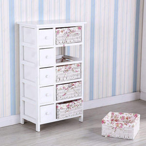 Featured durable dresser storage tower 5 drawers with wicker baskets sturdy frame wood top easy pulling organizer unit for bedroom hallway entryway closet white