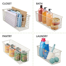 Load image into Gallery viewer, Organize with mdesign farmhouse decor metal wire food storage organizer bin basket with handles for kitchen cabinets pantry bathroom laundry room closets garage 16 x 6 x 6 4 pack satin
