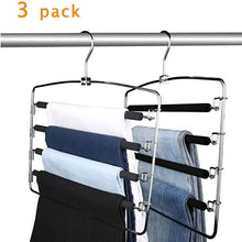 Load image into Gallery viewer, Storage lucky life clothes pants hangers 3 pack pant slack hangers space saving non slip stainless steel closet organizer with foam padded swing arm for pants jeans scarf