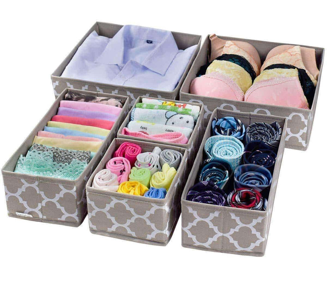 Get foldable cloth storage box closet dresser drawer organizer cube basket bins containers divider with drawers for underwear bras socks ties scarves set of 6 light coffee with white lantern pattern