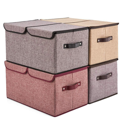Discover the best ezoware large lidded storage boxes 4 pack linen fabric foldable cubes bin box containers with lid handles for home office nursery toys closet bedroom living room assorted color