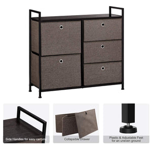 On amazon langria faux linen wide dresser storage tower with 5 easy pull drawer and handles sturdy metal frame and wooden table organizer unit for guest dorm room closet hallway office area dark brown