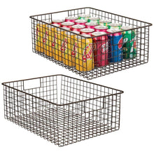 Load image into Gallery viewer, Budget mdesign farmhouse decor metal wire food organizer storage bin baskets with handles for kitchen cabinets pantry bathroom laundry room closets garage 2 pack bronze