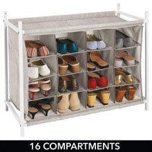 Load image into Gallery viewer, Organize with mdesign soft fabric shoe rack holder organizer 16 cube storage shelf for closet entryway mudroom garage kids playroom metal frame easy assembly closet organization linen white