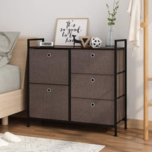 Load image into Gallery viewer, Organize with langria faux linen wide dresser storage tower with 5 easy pull drawer and handles sturdy metal frame and wooden table organizer unit for guest dorm room closet hallway office area dark brown