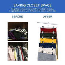 Load image into Gallery viewer, Latest 6 tier skirt hangers star fly space saving pants hangers sturdy multi purpose stainless steel pants jeans slack skirt hangers with clips non slip closet storage organizer 3pcs