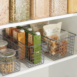 On amazon mdesign farmhouse decor metal wire food organizer storage bin basket with handles for kitchen cabinets pantry bathroom laundry room closets garage 16 x 9 x 6 in 8 pack graphite gray
