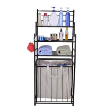 Load image into Gallery viewer, Exclusive mythinglogic laundry hamper with 3 tier storage shelves bathroom tower storage organizer with dual compartment removeable hamper for bathroom laundry room closet nursery oil rubbed bronze