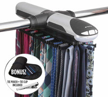Load image into Gallery viewer, Top rated storagemaid motorized tie rack organizer for closet with led lights battery operated holds 72 ties and 8 belts includes j hooks for wire shelving bonus tie travel pouch tie clip