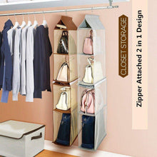 Load image into Gallery viewer, Related zaro 2 in 1 hanging shelf garment organizer for bags clothes 4 shelves practical closet purse storage collapsible space saver accessory breathable mesh net with hooks hanger easy mount gray