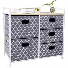 Load image into Gallery viewer, Top wide dresser storage tower 5 drawer chest sturdy steel frame wood top easy pull fabric bins organizer unit for bedroom playroom entryway closets lantern printing gray white