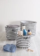 Load image into Gallery viewer, Shop here dii fabric round room nurseries closets everyday storage needs asst set of 3 gray stripe laundry bin assorted sizes