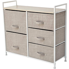 Load image into Gallery viewer, Order now east loft storage cube dresser organizer for closet nursery bathroom laundry or bedroom 5 fabric drawers solid wood top durable steel frame natural