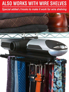 Budget storagemaid motorized tie rack organizer for closet with led lights battery operated holds 72 ties and 8 belts includes j hooks for wire shelving bonus tie travel pouch tie clip