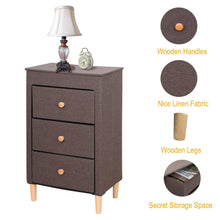 Load image into Gallery viewer, Top itidy 3 drawer dresser premium linen fabric nightstand bedside table end table storage drawer chest for nursery closet bedroom and bathroom storage drawer unit no tool requried to assemble brown