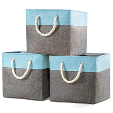 Load image into Gallery viewer, Products prandom large foldable cube storage baskets bins 13x13 inch 3 pack fabric linen collapsible storage bins cubes drawer with cotton handles organizer for shelf toy nursery closet bedroomgray blue