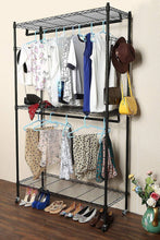 Load image into Gallery viewer, Home modrine double rod garment rack 3 tiers heavy duty hanging closet with lockable rolling wheels 2 side hooks and 2 clothes rods black