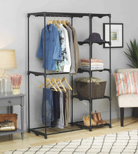 Load image into Gallery viewer, Shop here whitmor freestanding portable closet organizer heavy duty black steel frame double rod wardrobe cloths storage with 5 shelves shoe rack for home or office size 45 1 4 x 19 1 4 x 68